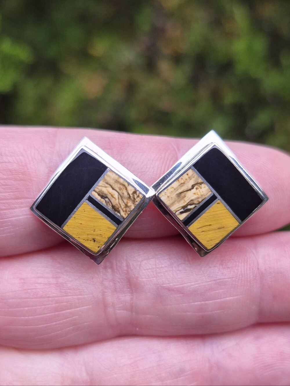 Supersmith David Rosales Navajo Clip Earrings Inlay Jasper Black Jade Tiger Eye
